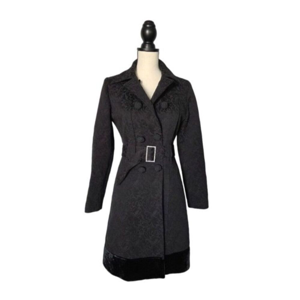 Vintage Whimsigoth Jacquard Trench Coat Velvet Trim Rhinestone Buckle Small